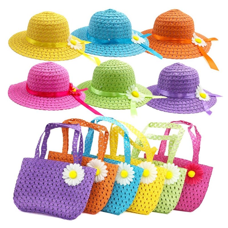 Vafon 6Sets Girls Tea Party Straw Sun Hat and Purse Sets Kids Child Birthdays Easter Party Daisy Flower Sunflower Summer Beach Cap Travel Gift Assorted Colors (6Color) - Image 1